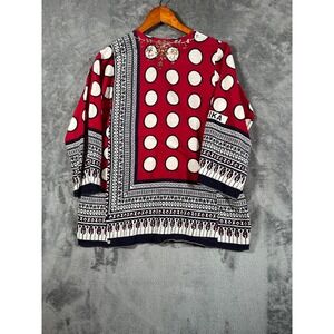 Dosa Embroidered Tunic Womens Size 4 Large Red Black Gold Blouse Bold Print